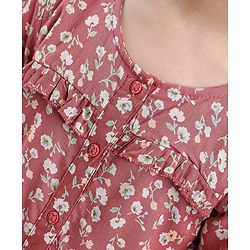 Babyhug Full Sleeves Rayon Top With Floral Print And Frill Detailing- Brown