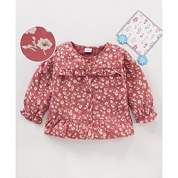 Babyhug Full Sleeves Rayon Top With Floral Print And Frill Detailing- Brown