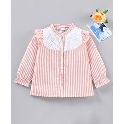 Babyhug Full Sleeves Seer-Sucker Striped Poly-Cotton Top With Shiffli & Frill Detailing- Peach