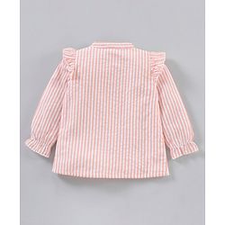 Babyhug Full Sleeves Seer-Sucker Striped Poly-Cotton Top With Shiffli & Frill Detailing- Peach