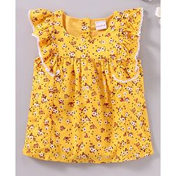 Babyhug Frill Sleeves Rayon Top With Floral Print & Embroidery Detailing- Mustard