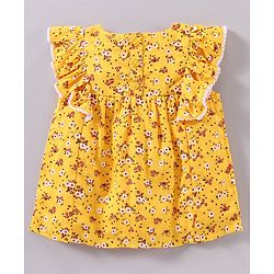 Babyhug Frill Sleeves Rayon Top With Floral Print & Embroidery Detailing- Mustard