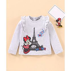 Babyhug Cotton Knit Full Sleeves Disney T-shirt with Minnie Mouse Applique & Frill Detailing- Ecru Melange