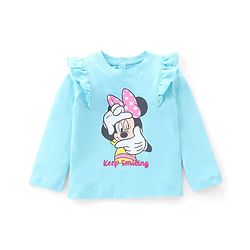 Babyhug 100% Cotton Knit Full Sleeves Tee with Frill Detailing Minnie Mouse Print - Light Blue