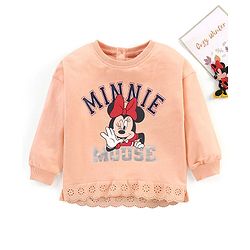 Babyhug Full Sleeves Cotton Knit MINNIE MOUSE Sweatshirt with Foil print & Schiffli Lace Detailing - Peach