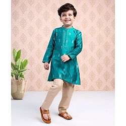 Babyhug Full Sleeves Brocade Kurta Pyjama Set Foil Print - Turquoise Cream