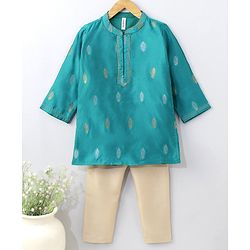 Babyhug Full Sleeves Brocade Kurta Pyjama Set Foil Print - Turquoise Cream