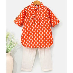 Babyhug Full Sleeves Kurta and Pyjama Set Block Print - Orange & Cream