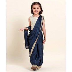 Babyhug Silk Sleeveles Sequenced Choli with Ready to Wear Saree- Navy