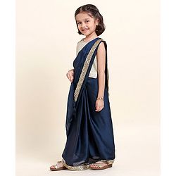 Babyhug Silk Sleeveles Sequenced Choli with Ready to Wear Saree- Navy