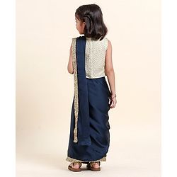 Babyhug Silk Sleeveles Sequenced Choli with Ready to Wear Saree- Navy
