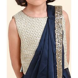 Babyhug Silk Sleeveles Sequenced Choli with Ready to Wear Saree- Navy