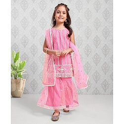 Babyhug Sleeveless Kurti & Sharara With Dupatta Embroidered - Pink
