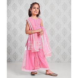 Babyhug Sleeveless Kurti & Sharara With Dupatta Embroidered - Pink