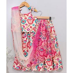 Babyhug Woven Sleeveless Choli & Lehenga With Dupatta Ethnic Print - Beige