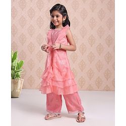 Babyhug Sleeveless Sequinned Kurti With Attached Jacket Style Duptta & Sharara - Light Pink