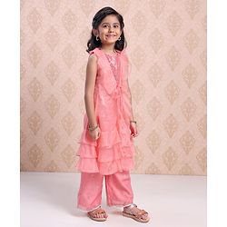 Babyhug Sleeveless Sequinned Kurti With Attached Jacket Style Duptta & Sharara - Light Pink