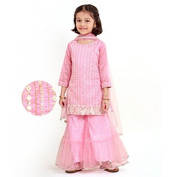 Babyhug Three Forth Sleeves Kurti & Sharara With Dupatta Sequin Embroidery - Candy Pink