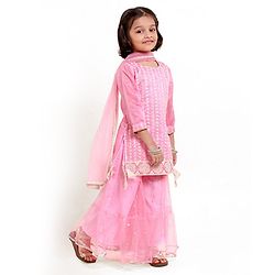 Babyhug Three Forth Sleeves Kurti & Sharara With Dupatta Sequin Embroidery - Candy Pink