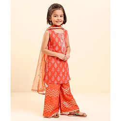 Babyhug Sleeveless Kurti & Sharara With Dupatta Printed- Red