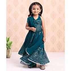 Babyhug Sleeveless Printed Choli & Lehenga Set With Dupatta - Blue