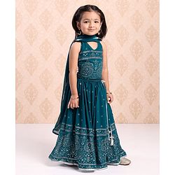 Babyhug Sleeveless Printed Choli & Lehenga Set With Dupatta - Blue