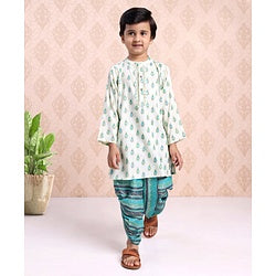 Babyhug Full Sleeves Printed Kurta & Stripe Dhoti - Off White Blue