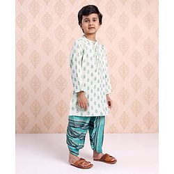 Babyhug Full Sleeves Printed Kurta & Stripe Dhoti - Off White Blue