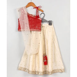 Babyhug One Shoulder Sleeves Embellished Choli & Lehenga Set With Dupatta - Off White