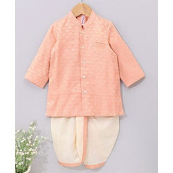 Babyhug Full Sleeves Brocade Kurta & Dhoti Set Ethnic Design - Coral