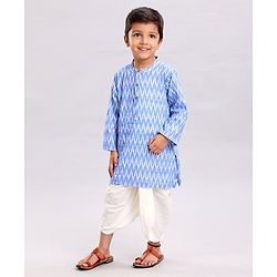 Babyhug Woven Full Sleeves Kurta And Dhoti Set Ikkat Print - Blue
