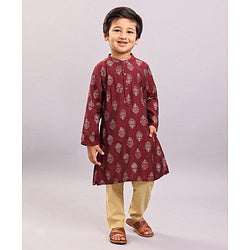Babyhug Full Sleeves Kurta & Pyjama Set Floral Print - Maroon Beige