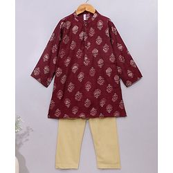 Babyhug Full Sleeves Kurta & Pyjama Set Floral Print - Maroon Beige