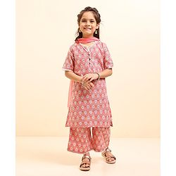 Babyhug Cotton Woven Half Sleeves Ethnic Printed Kurti Plazoo And Dupatta - Peach