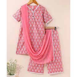 Babyhug Cotton Woven Half Sleeves Ethnic Printed Kurti Plazoo And Dupatta - Peach