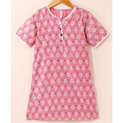 Babyhug Cotton Woven Half Sleeves Ethnic Printed Kurti Plazoo And Dupatta - Peach