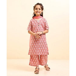 Babyhug Cotton Woven Half Sleeves Ethnic Printed Kurti Plazoo And Dupatta - Peach