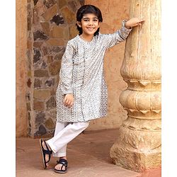 Babyhug Full Sleeves Cotton Kurta & Pyjama Set Printed- White