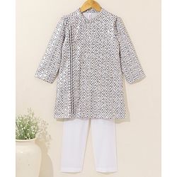Babyhug Full Sleeves Cotton Kurta & Pyjama Set Printed- White