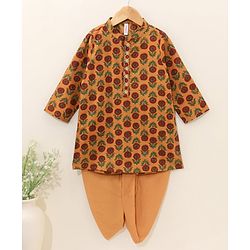 Babyhug Full Sleeves Kurta and Dhoti Set Flower Printed - Mustard