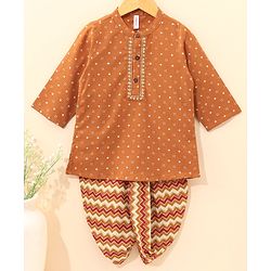 Babyhug Full Sleeves Cotton Kurta & Dhoti Set Printed- Mustard
