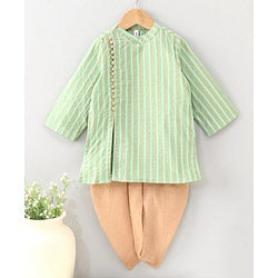 Babyhug Full Sleeves Cotton Kurta Dhoti Set Stripes Print- Green