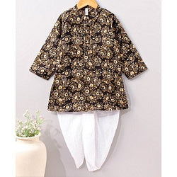 Babyhug Full Sleeves Cotton Kurta & Dhoti Set Floral Print- Charcoal