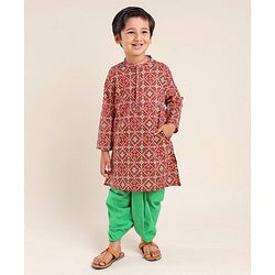 Babyhug 100% Cambric Full Sleeve Printed Kurta With Solid Dhoti Set - Rust & Green