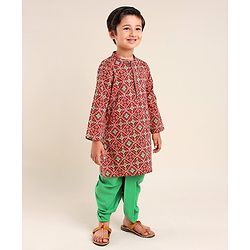 Babyhug 100% Cambric Full Sleeve Printed Kurta With Solid Dhoti Set - Rust & Green