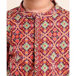 Babyhug 100% Cambric Full Sleeve Printed Kurta With Solid Dhoti Set - Rust & Green