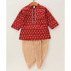 Babyhug Full Sleeves Kurta & Dhoti Floral Print - Red