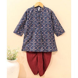 Babyhug Full Sleeves Kurta and Dhoti Set Printed - Dark Blue