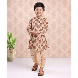 Babyhug Full Sleeves Kurta & Dhoti Peacock Print - Cream