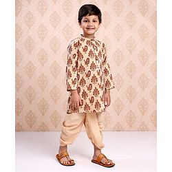 Babyhug Full Sleeves Kurta & Dhoti Peacock Print - Cream